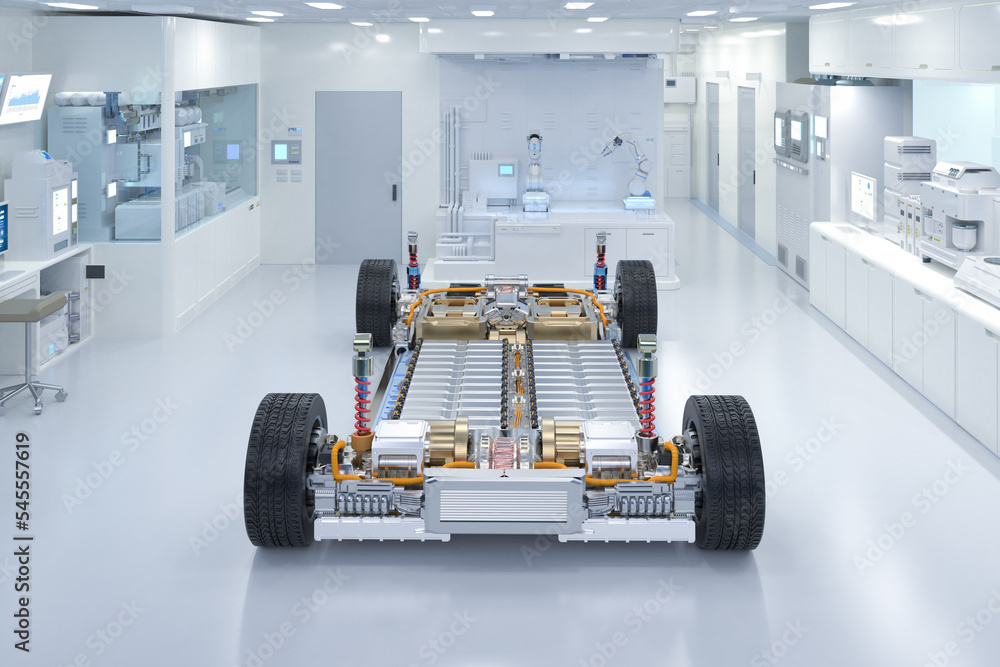 Ev car with pack of battery cells module on platform in laboratory - obrazy, fototapety, plakaty 
