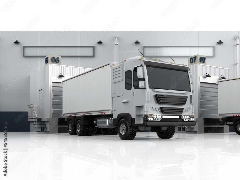Group of logistic trailer trucks or lorries at warehouse Group of logistic trailer trucks or lorries at warehouse