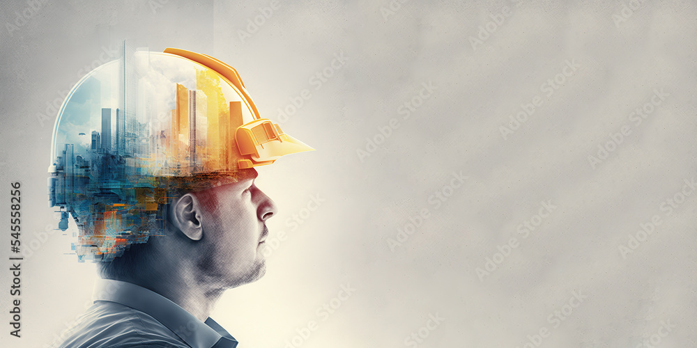 Future building construction engineering project devotion with double exposure graphic design. Building engineer, architect people or construction worker working with modern civil equipment technology - obrazy, fototapety, plakaty 