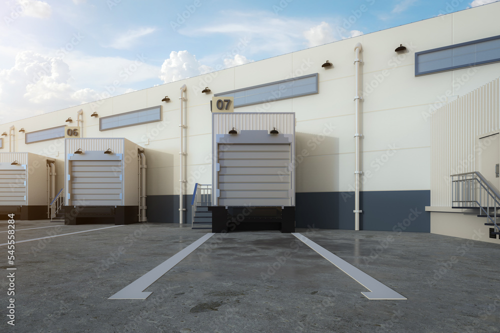 Warehouse exterior with shutter doors and truck parking lots
