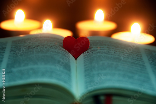 Canvas Print Red heart shape on Holy Bible with customizable space for text or ideas