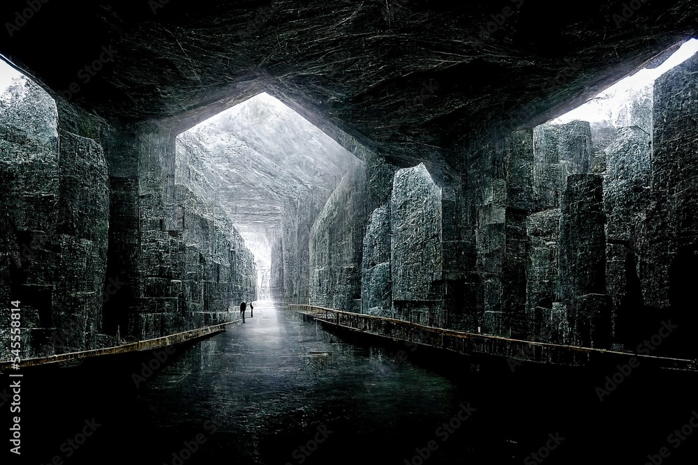 Dark dungeon catacomb underground tunnel spectacular halloween passage 3D illustration - obrazy, fototapety, plakaty 