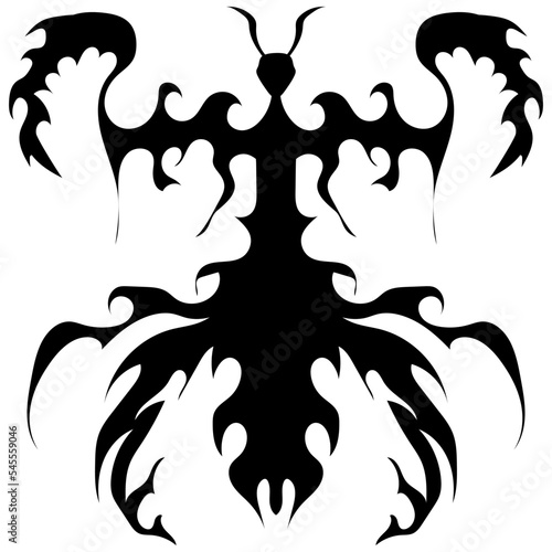 Gothic black and white image of a praying mantis for tattoos or prints. Black line icon for shields or sports emblems, textiles, web icons, textiles, labels, interiors, fashion trends, postcards, etc.