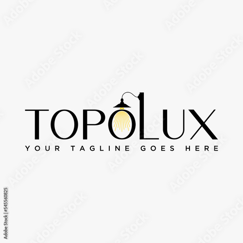 Simple and unique light lamp bulb on letter or word TOP LUX font image graphic icon logo design abstract concept vector stock. Can be used as symbol related to interior or lighting