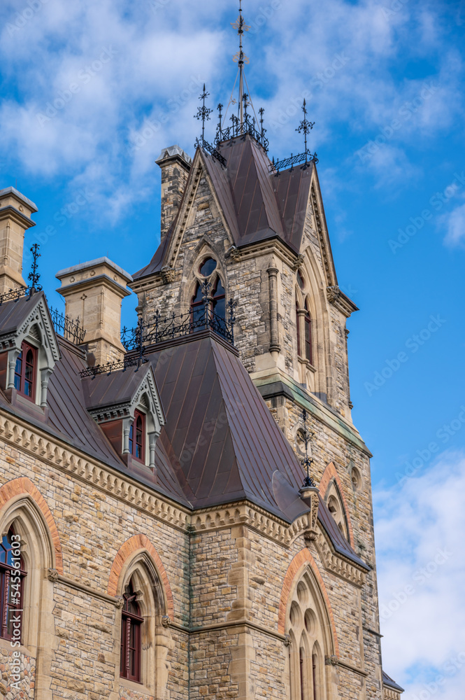 Ottawa, Ontario - October 20, 2022: Tower of the West Block on Canada's Parliament Hill.