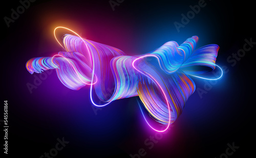 3d render. Abstract folded ribbon glowing with pink blue neon light. Creative brushstroke, fashion wallpaper with curvy lines