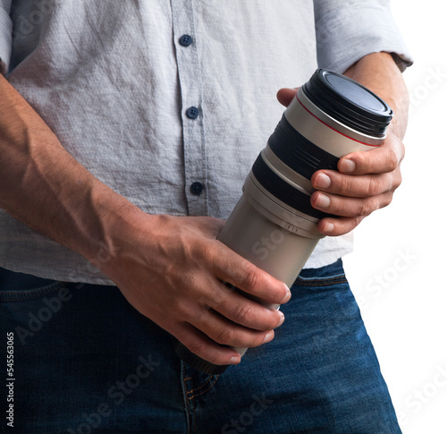 Man photographer with camera isolated on white background