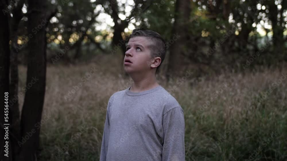 A sad, angry young teen boy in the woods looking up at the sky to pray A sad, angry young teen boy in the woods looking up at the sky to pray