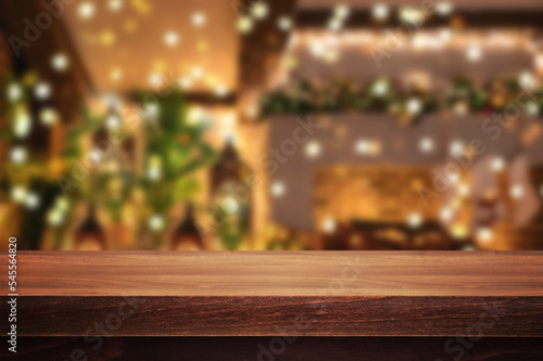 Wooden table with Christmas or new year background