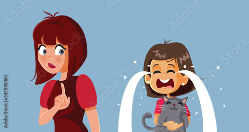 Mother Refusing to Adopt a Cat Pet Vector Cartoon Illustration. Parent disagreeing about pet adoption with her little kid
