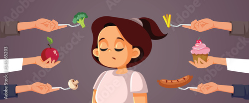 Family Overfeeding their Little Child Vector Illustration. Little kid trying to decide between healthy and unhealthy meal options
