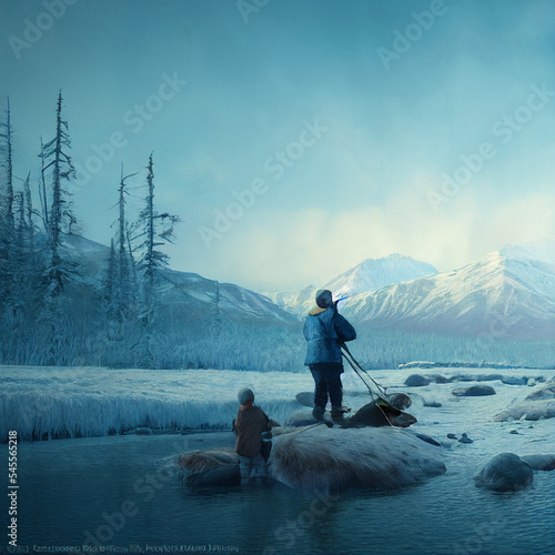 fishermen on the river of Alaska, father and son moments, serenity and tranquality in Alaska  photo