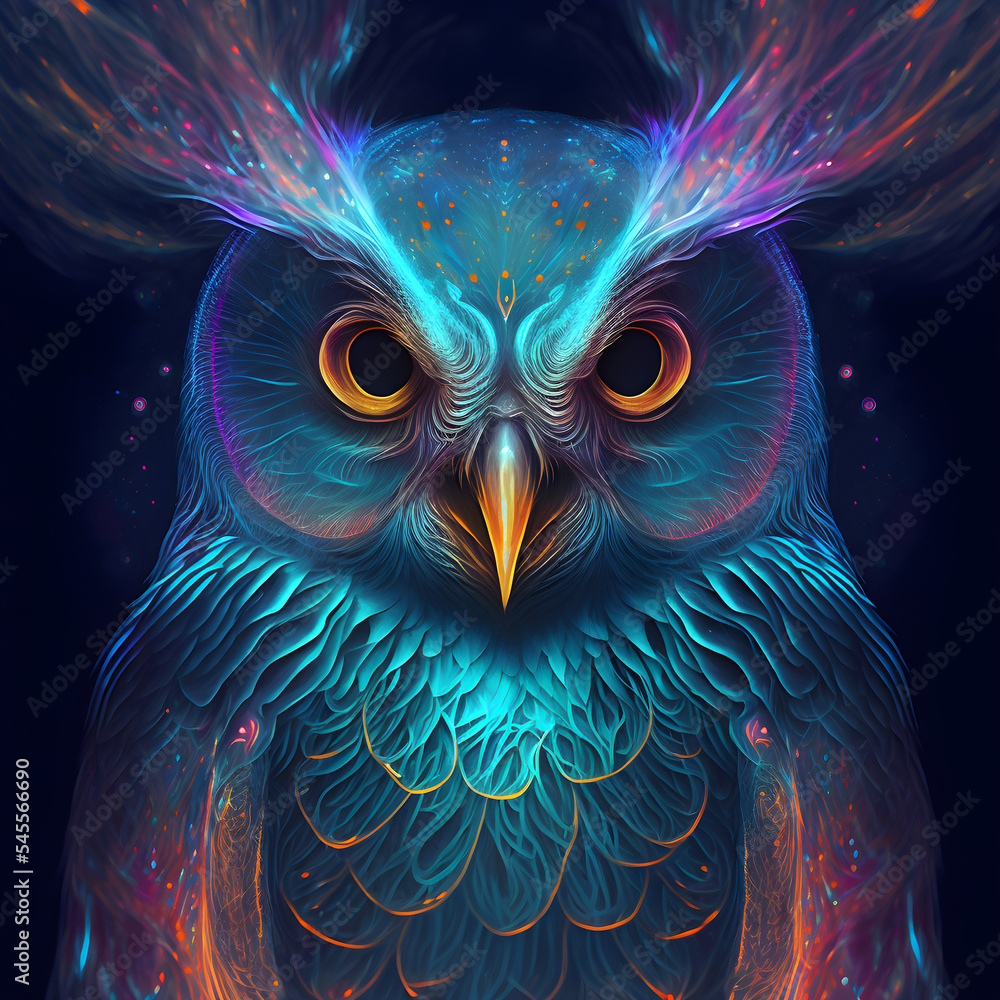 Neon bright portrait of a cute owl in a hand drawn style Neon bright portrait of a cute owl in a hand drawn style