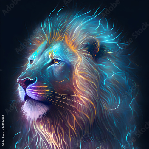 Neon bright portrait of a lion in a hand drawn style