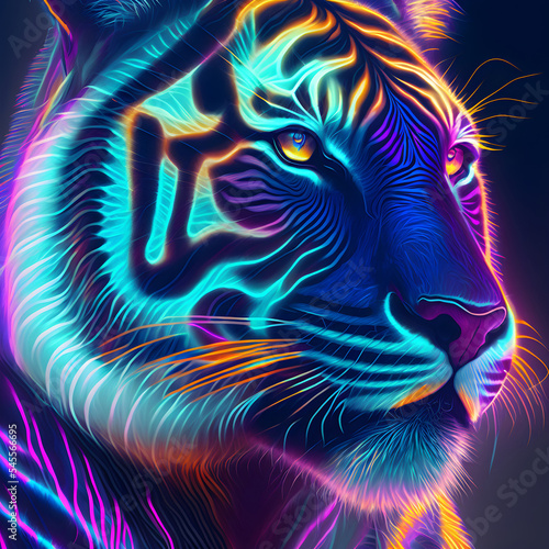 Neon bright portrait of a tiger in a hand drawn style