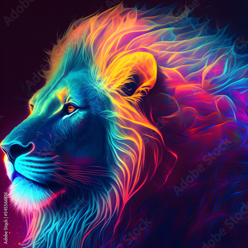Neon bright portrait of a lion in a hand drawn style