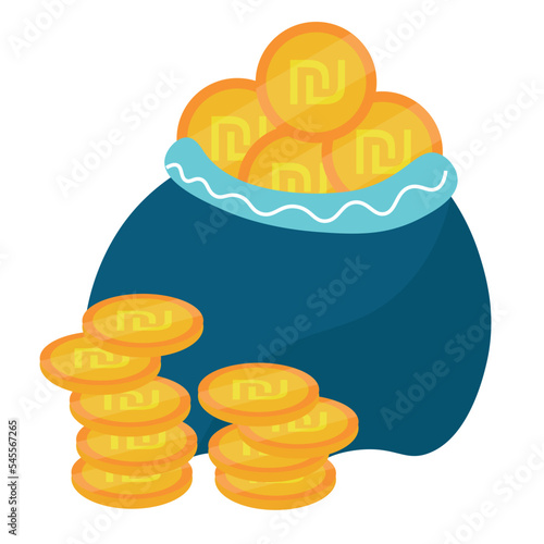 Bag with Jewish golden coins on white background