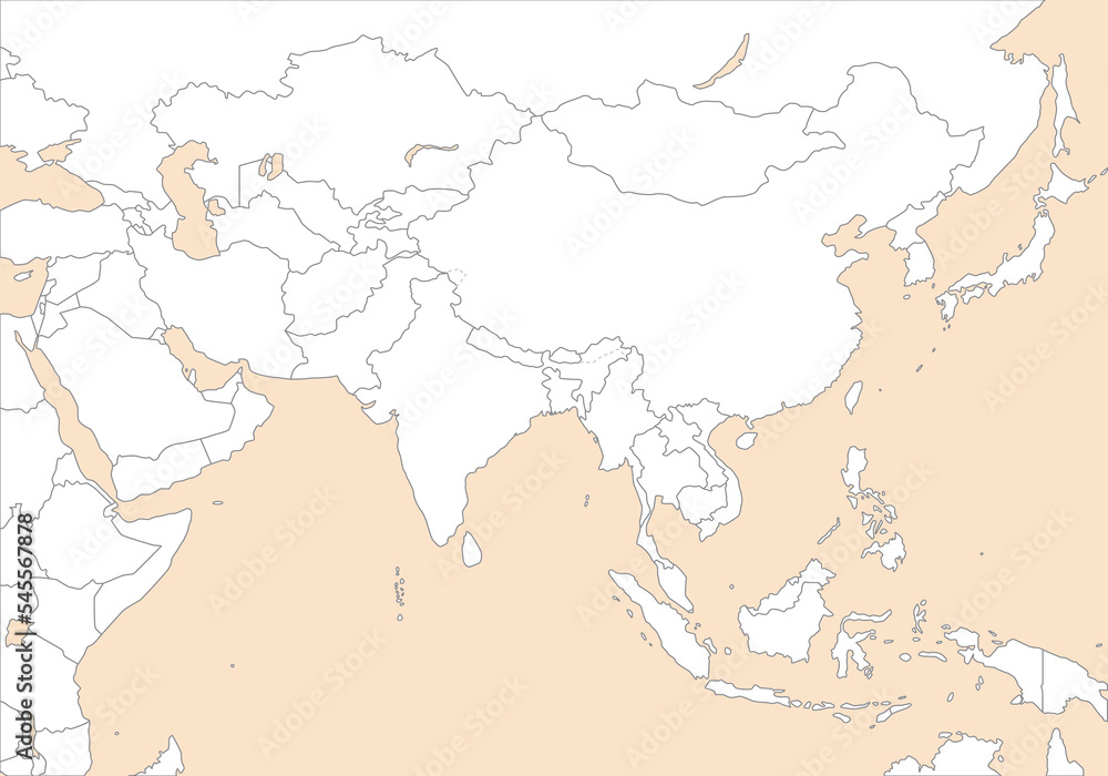 アジア全域の白地図、国境線、背景素材