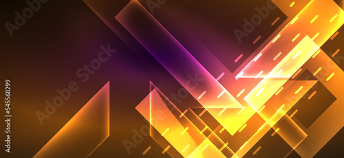 Background wallpaper neon glowing lines and geometric shapes. Dark wallpaper for concept of AI technology, blockchain, communication, 5G, science, business and technology