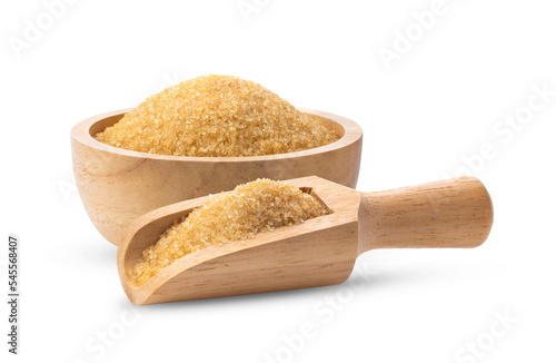 Brown sugar in wood bowl and scoop isolated on transparent png