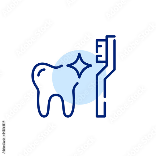 Shiny tooth with toothbrush. Dental care. Pixel perfect, editable stroke icon