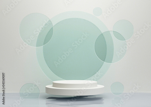 Display of white cylinder placed on water to show products, minimal design, 3d rendering