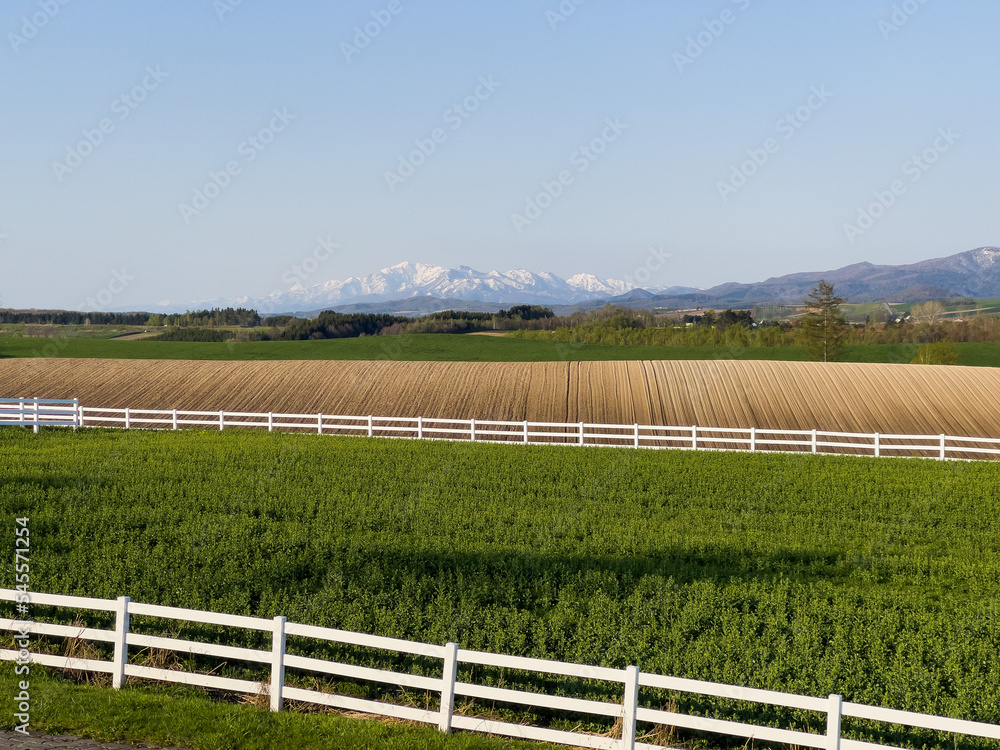 Overlooking spring pastures, fields and mountains