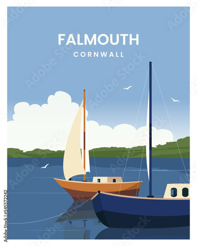 landscape of boat in Falmouth Harbour. travel to falmouth, cornwall. travel poster with flat style vector design.
