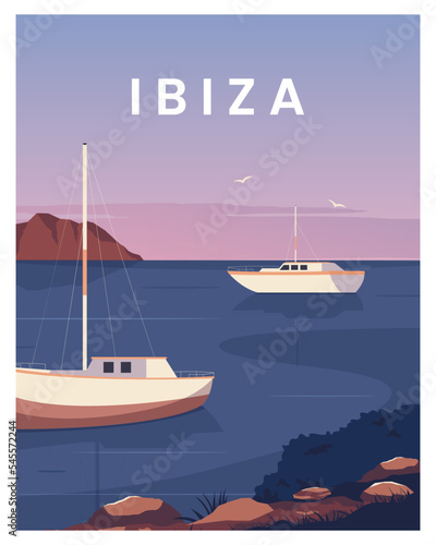 travel poster of ibiza sea with boat landscape. travel to ibiza, spain. vector illustration background suitable for poster, card, postcard.