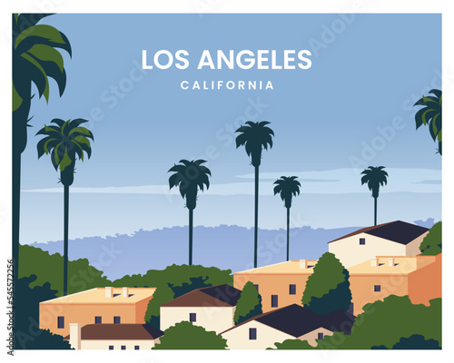 Los Angeles sunset with palm trees landscape background. travel to california, united states. vector illustration with flat style suitable for poster, postcard, card, art, print.