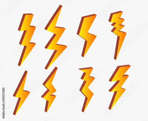 3d yellow lightning bolt icon vector collection with various shapes. Lightning danger sign. isolated on white background