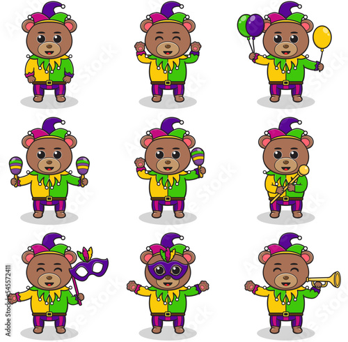 Vector illustration Bear wearing mardi gras clothes in different poses isolated on white background. A cartoon illustration of a Mardi Gras Bear. Mardi Gras jester, set.