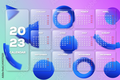2023 new year calendar template glass morphism style