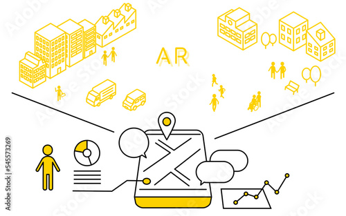スマートフォンを使ったAR（拡張現実）のイメージ、スマートフォンに合わせて表示されるAR（拡張現実）