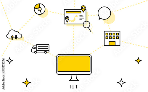 IoTのイメージ、物流システム・生産管理をネットワークを通じて行う仕組みのイメージイラスト