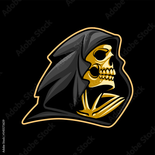 grim reaper skull head and black cloak hood esports mascot logo