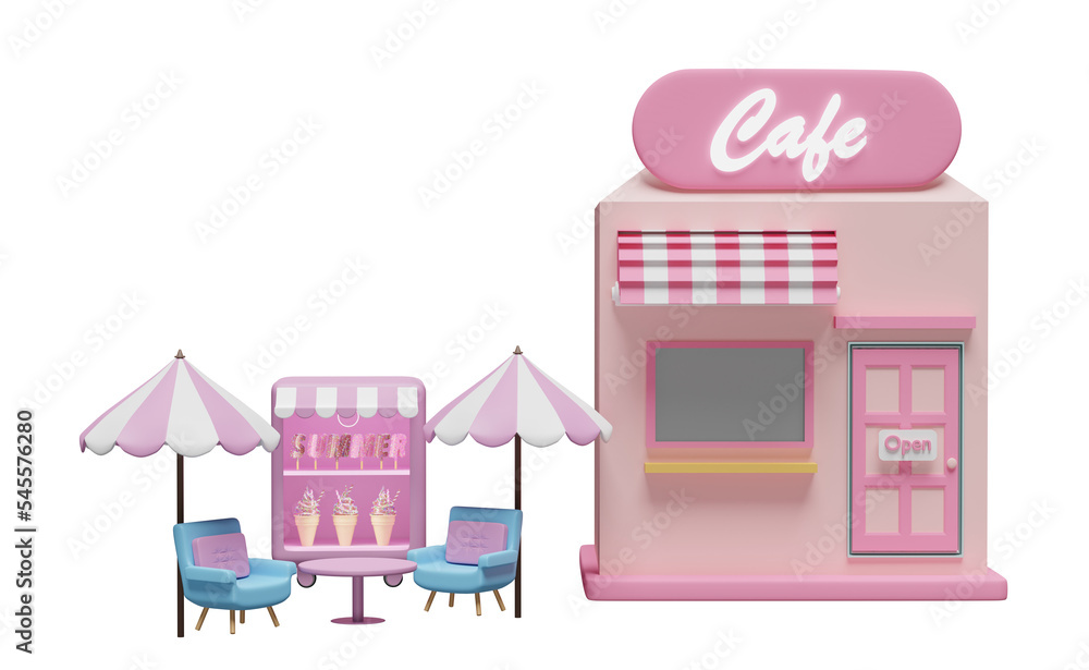 3d shop store cafe with ice cream showcases or fridge,coffee table, umbrella, sofa chair isolated. summer travel, 3d render illustration 3d shop store cafe with ice cream showcases or fridge,coffee table, umbrella, sofa chair isolated. summer travel, 3d render illustration