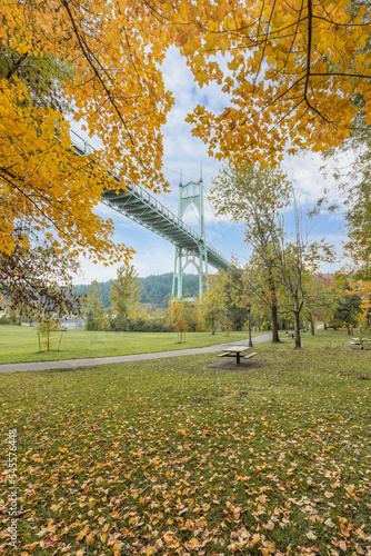Autumn season and fall foliage with St Johns Bridge at Cathedral Park in Portland Oregon