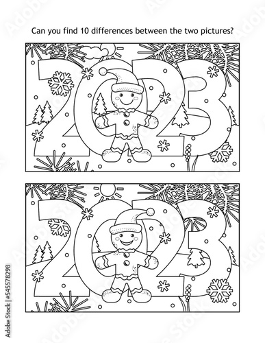 Year 2023 find ten differences picture puzzle and coloring page with gingerbread man and winter scene 