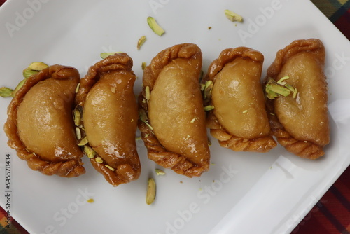 Gujia delicious Indian sweet made at home for Holi festival.