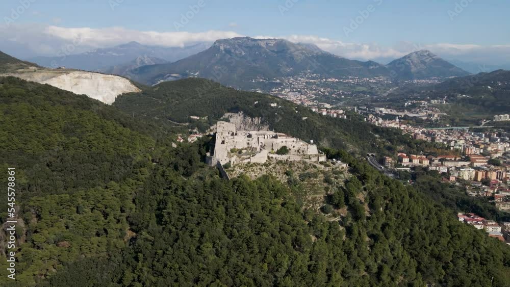 Aerial view of Arechi Castle on mountain top in Salerno, Campania, Italy. Aerial view of Arechi Castle on mountain top in Salerno, Campania, Italy.