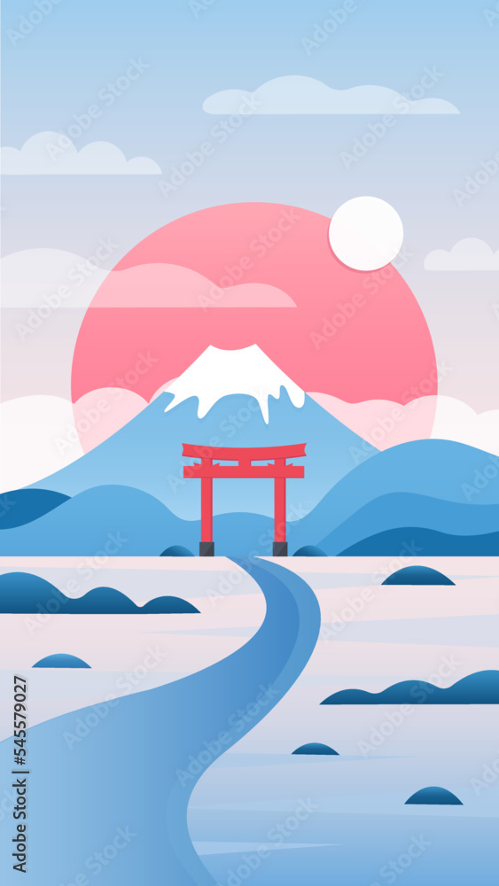 Asian landscape of a mountains, river, red sunrise Asian landscape of a mountains, river, red sunrise