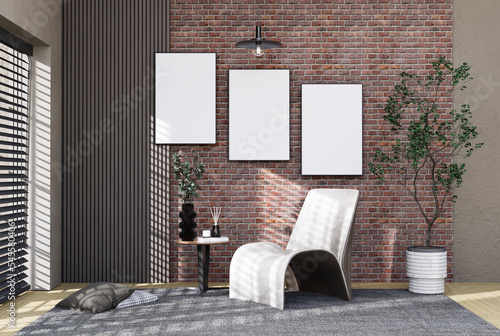 Mock up poster frame in modern interior fully furnished rooms