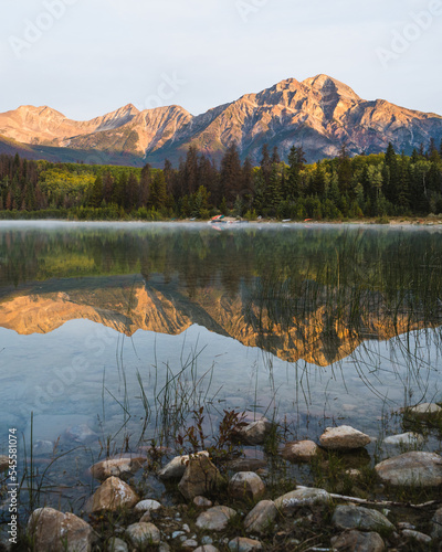 Lake Reflection in the Mountains at Sunrise