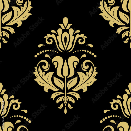 Classic seamless vector pattern. Damask black and yellow orient ornament. Classic vintage background. Orient pattern for fabric, wallpapers and packaging