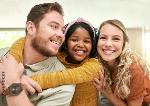Schilderij op canvas Family, adoption and parents hug child, love and happiness with child care portrait, relax at family home