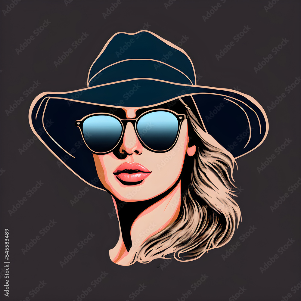 Fototapeta premium Woman with elegant hairstyle and makeup, wearing hat and sunglasses. Fashion, beauty salon and lifestyle illustration. Young lady portrait isolated on light fund. Red lipstick