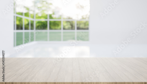 3d rendering of maple wood counter  table top. Include blur empty room  light from window and nature. Modern interior design in perspective. Empty space with wooden texture pattern for background.