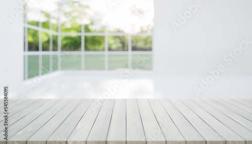 3d rendering of maple wood counter  table top. Include blur empty room  light from window and nature. Modern interior design in perspective. Empty space with wooden texture pattern for background.