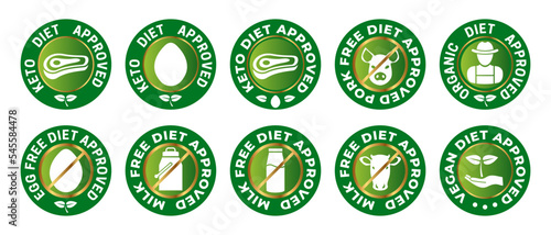 Keto Diet Approved, Pork Free, Organic, Egg, Milk and Vegan Certificate Badge Icon in Gold and Green Colors